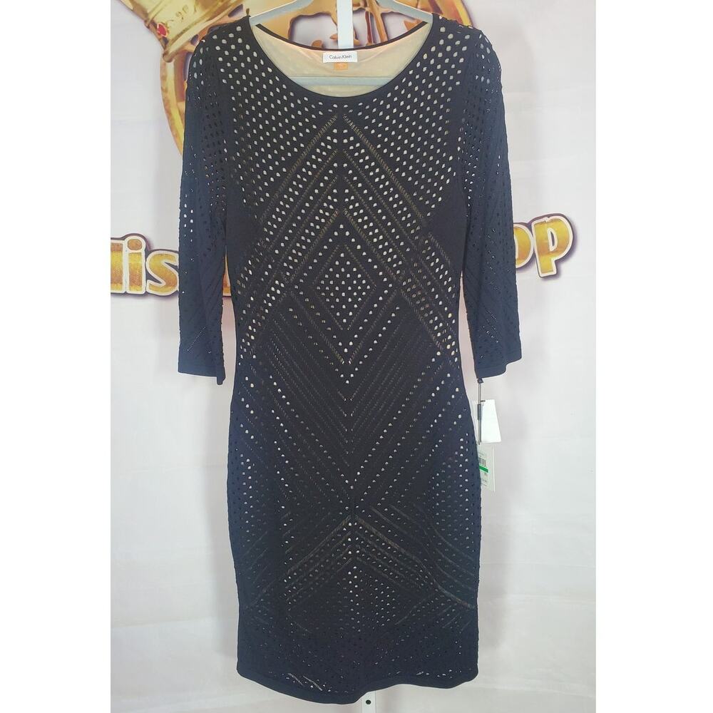 Calvin Klein Black Open Knit Sheath Dress Size Large